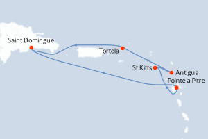 Carte de l'itinéraire de croisière Pointe a Pitre-Pointe a Pitre d'une durée de 6 jours