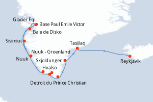 Carte de l'itinéraire de croisière Reykjavik-Nuuk - Groenland d'une durée de 14 jours