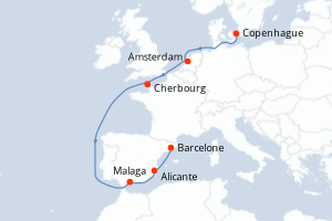 Carte de l'itinéraire de croisière Copenhague-Barcelone d'une durée de 9 jours