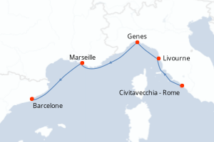 Carte de l'itinéraire de croisière Civitavecchia - Rome-Barcelone d'une durée de 4 jours