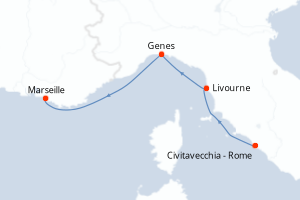 Carte de l'itinéraire de croisière Civitavecchia - Rome-Marseille d'une durée de 3 jours