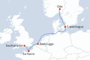 Carte de l'itinéraire de croisière Southampton-Oslo d'une durée de 5 jours