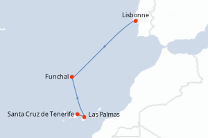 Carte de l'itinéraire de croisière Lisbonne-Santa Cruz de Tenerife d'une durée de 6 jours