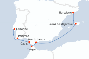 Carte itinéraire croisière Espagne, Maroc, Portugal - 7 jours au départ de Barcelone - Atlantique