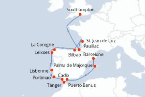 Carte de l'itinéraire de croisière Barcelone-Southampton d'une durée de 14 jours