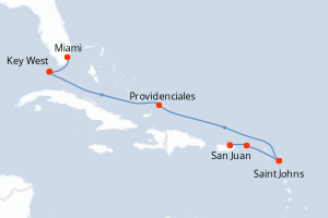 Carte de l'itinéraire de croisière San Juan-Miami d'une durée de 7 jours