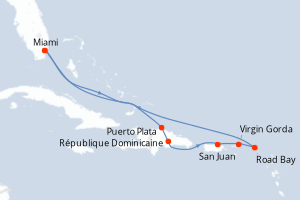 Carte de l'itinéraire de croisière Miami-Miami d'une durée de 9 jours