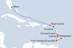 Carte de l'itinéraire de croisière Bridgetown-Miami d'une durée de 8 jours