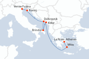 Carte de l'itinéraire de croisière Venise Fusina-Le Piree - Athenes d'une durée de 7 jours