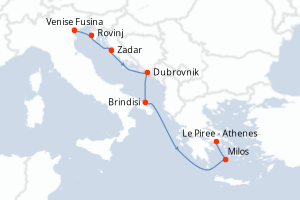 Carte itinéraire croisière Croatie, Italie, Grèce - 7 jours au départ de Venise Fusina - Méditerranée