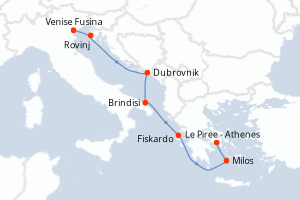 Carte de l'itinéraire de croisière Venise Fusina-Le Piree - Athenes d'une durée de 7 jours