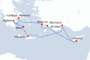 Carte de l'itinéraire de croisière Le Piree - Athenes-Le Piree - Athenes d'une durée de 10 jours