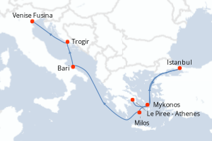 Carte de l'itinéraire de croisière Le Piree - Athenes-Venise Fusina d'une durée de 9 jours