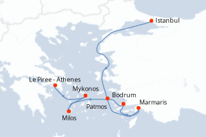 Carte de l'itinéraire de croisière Istanbul-Le Piree - Athenes d'une durée de 7 jours