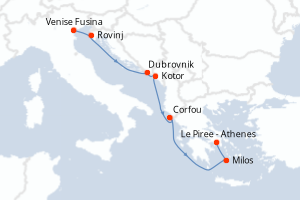 Carte itinéraire croisière Italie, Croatie, Monténégro, Grèce - 7 jours au départ de Venise Fusina - Méditerranée