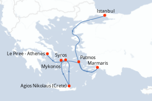 Carte itinéraire croisière Turquie, Grèce - 7 jours au départ de Istanbul - Méditerranée