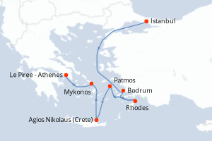 Carte itinéraire croisière Turquie, Grèce - 7 jours au départ de Istanbul - Méditerranée