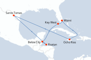 Carte itinéraire croisière Jamaïque, États-Unis, Honduras, Belize - 9 jours au départ de Miami - Caraïbes Bahamas