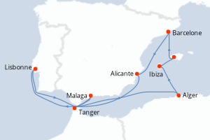 Carte de l'itinéraire de croisière Barcelone-Barcelone d'une durée de 10 jours