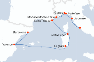 Carte de l'itinéraire de croisière Civitavecchia - Rome-Barcelone d'une durée de 9 jours