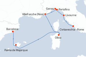 Carte de l'itinéraire de croisière Civitavecchia - Rome-Barcelone d'une durée de 7 jours