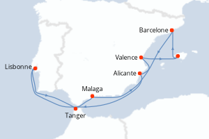 Carte itinéraire croisière Portugal, Maroc, Espagne - 10 jours au départ de Barcelone - Méditerranée