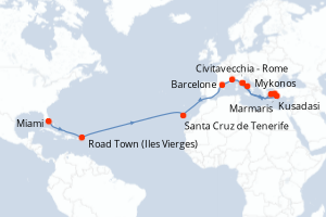 Carte de l'itinéraire de croisière Miami-Civitavecchia - Rome d'une durée de 22 jours