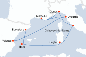Carte de l'itinéraire de croisière Barcelone-Valence d'une durée de 9 jours