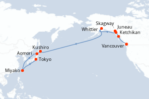 Carte de l'itinéraire de croisière Vancouver-Tokyo d'une durée de 19 jours