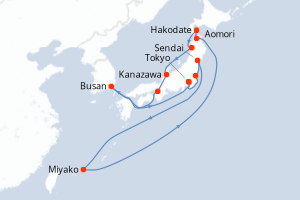 Carte itinéraire croisière Japon, Corée du Sud - 14 jours au départ de Tokyo - Asie