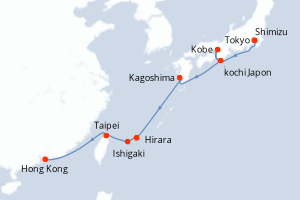 Carte de l'itinéraire de croisière Tokyo-Hong Kong d'une durée de 10 jours