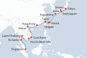 Carte itinéraire croisière Japon, Taïwan, Chine, Vietnam, Thaïlande, Singapour - 21 jours au départ de Tokyo - Asie