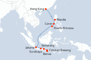 Carte de l'itinéraire de croisière Hong Kong-Benoa d'une durée de 12 jours