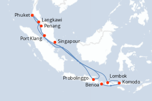 Carte de l'itinéraire de croisière Benoa-Singapour d'une durée de 12 jours