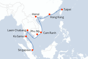 Carte de l'itinéraire de croisière Singapour-Taipei d'une durée de 13 jours