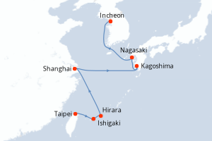 Carte de l'itinéraire de croisière Taipei-Incheon d'une durée de 10 jours