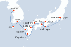 Carte de l'itinéraire de croisière Incheon-Tokyo d'une durée de 14 jours