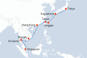 Carte de l'itinéraire de croisière Tokyo-Singapour d'une durée de 14 jours