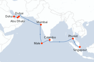 Carte de l'itinéraire de croisière Singapour-Doha d'une durée de 16 jours