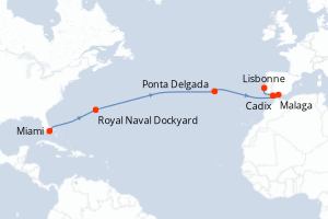 Carte de l'itinéraire de croisière Miami-Lisbonne d'une durée de 14 jours