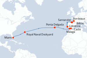 Carte de l'itinéraire de croisière Miami-Lisbonne d'une durée de 24 jours