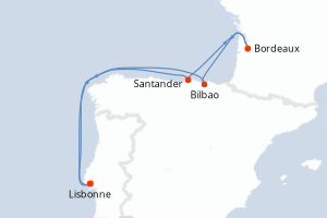 Carte de l'itinéraire de croisière Lisbonne-Lisbonne d'une durée de 10 jours