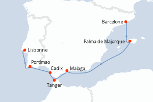Carte de l'itinéraire de croisière Lisbonne-Barcelone d'une durée de 7 jours