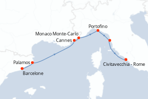 Carte de l'itinéraire de croisière Barcelone-Civitavecchia - Rome d'une durée de 7 jours