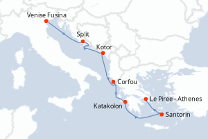 Carte de l'itinéraire de croisière Venise Fusina-Le Piree - Athenes d'une durée de 7 jours