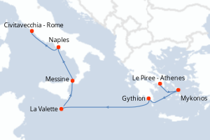 Carte de l'itinéraire de croisière Le Piree - Athenes-Civitavecchia - Rome d'une durée de 7 jours