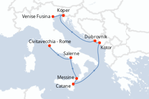 Carte de l'itinéraire de croisière Civitavecchia - Rome-Venise Fusina d'une durée de 8 jours