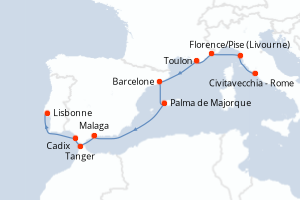 Carte de l'itinéraire de croisière Civitavecchia - Rome-Lisbonne d'une durée de 10 jours