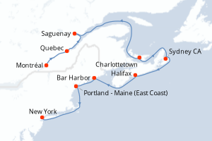 Carte itinéraire croisière Canada, États-Unis - 11 jours au départ de Montréal - Amérique du Nord