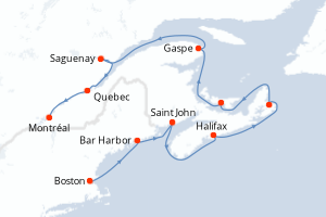 Carte itinéraire croisière États-Unis, Canada - 11 jours au départ de Boston - Amérique du Nord